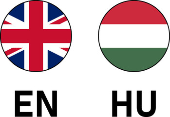 Fototapeta premium Round Flag Selection Button Badge with Thin Black Outline Contour Icon Set with UK and Hungary Flags with Language Codes EN and HU for English and Hungarian. Vector Image.