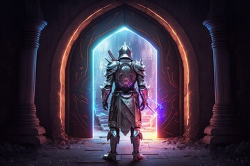 Obraz na płótnie Canvas Medieval knight in armor in front of mystical portal, futuristic city in the background of the portal. Generative AI