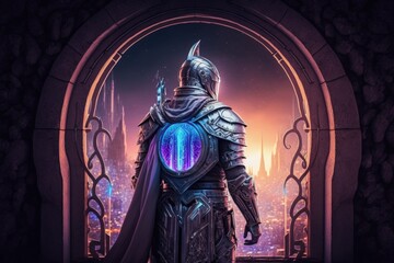 Fototapeta premium Medieval knight in armor in front of mystical portal, futuristic city in the background of the portal. Generative AI