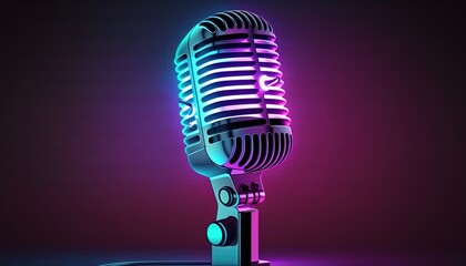 Studio microphone, podcast, neon light background. Generative AI