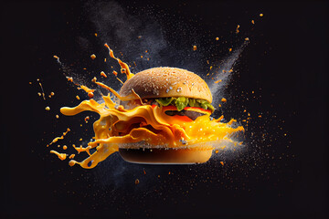 Appetitanregender, explodierender  Burger isoliert auf einfarbigen hintergrund - Generative Ai  - obrazy, fototapety, plakaty