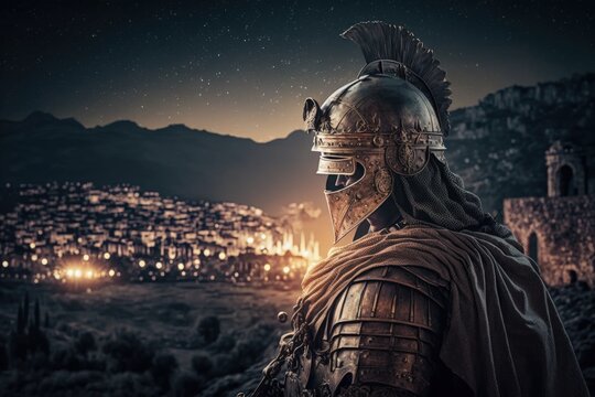 Roman soldier in armor, Greek city in the background, night scene. Generative AI