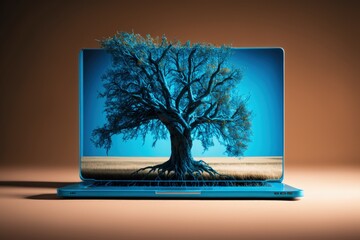 Tree on laptop screen, background. Generative AI