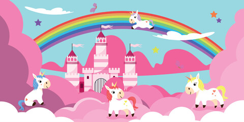Vector illustration of a beautiful fairytale world with unicorns. Cartoon cute, sunny landscape with blue sky and clouds, stars, rainbow, castle in air and unicorns in pink clouds. Childrens world. © MVshop