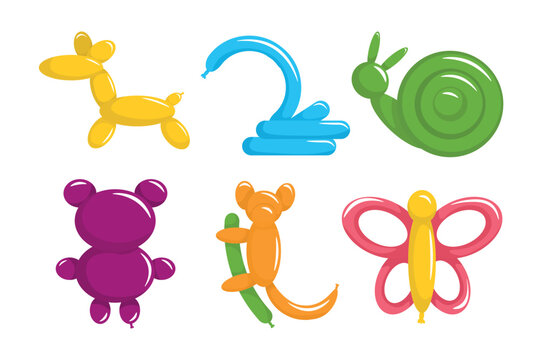 Set of colorful animal balloons in cartoon style. Vector illustration of cute balloons shaped into various animal shapes: horse, swan, snail, bear, koala and butterfly isolated on white background.