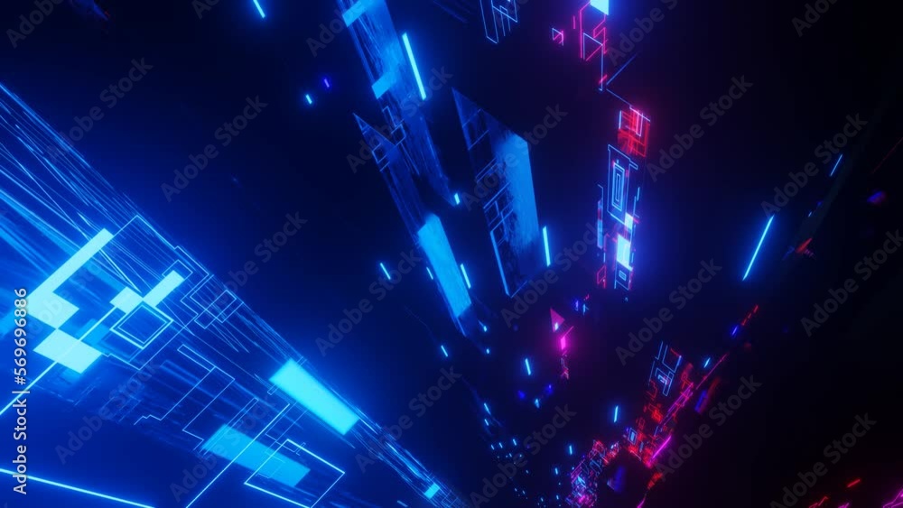 Aufkleber fly through technology cyberspace with blue red neon glow. sci-fi flight through hi-tech technology 