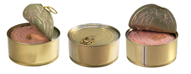 Metal can with canned meat inside. Isolated background.