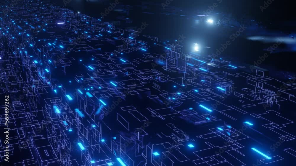 Aufkleber glow line form pattern like sci-fi hologram. fly through technology cyberspace with blue neon glow. 