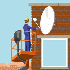 Vector illustration Installation repair of an outdoor satellite dish at a height Worker in the truck tower basket Using a telescopic aerial platform 