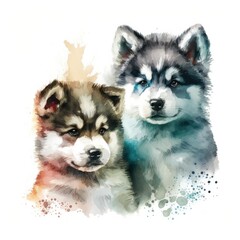 Obraz premium Cute Malamute Puppies Illustration, Generative AI, AI, Generative
