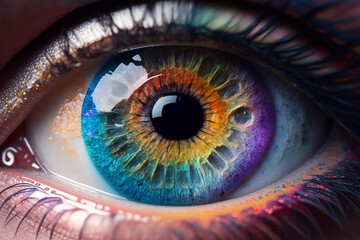 Closeup of eye with colorful iris. generative ai