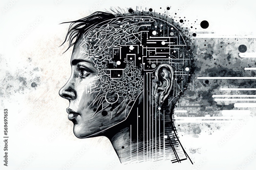 Poster sketch of a human head with creative artificial intelligence on a contemporary computer background. 