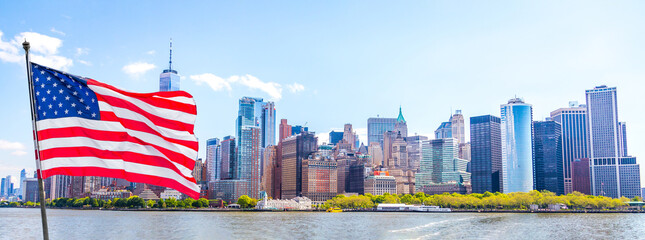 Skyline panorama of downtown Financial District and the Lower Manhattan in New York City with...