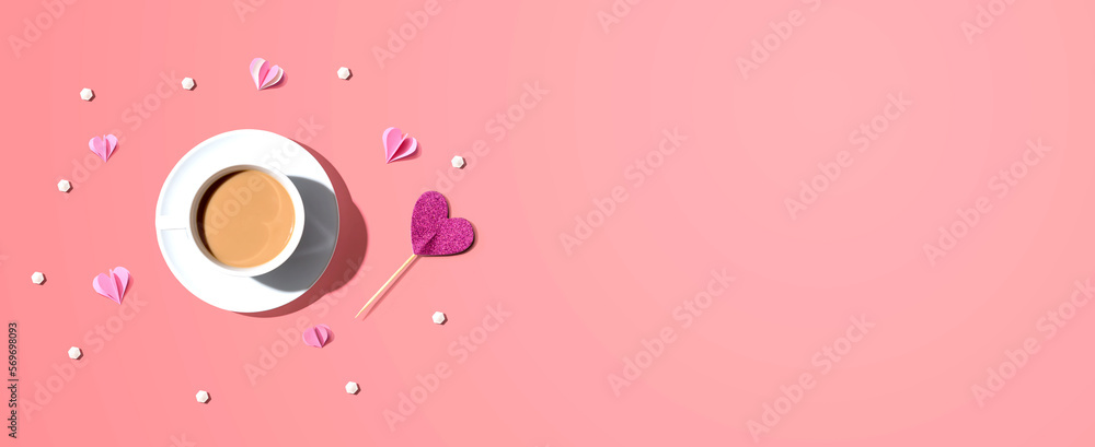 Wall mural A cup of coffee with paper hearts - flat lay