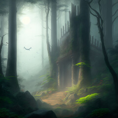 Mystical ruins in the misty forest. High quality illustration