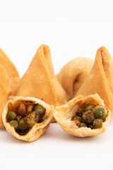 Famous Traditional Indian Snacks Chhemi Matar Samosa Or Green Peas Saingara, Sambusa, Samusa, Singada Stuffed With Matar Ki Chhimmi, Aloo, Chat Masala Spices, Alu, Boiled Mashed Potatao