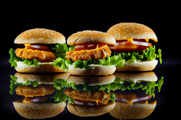 Drei frische appetitanregende  Burger auf rustikalen Hintergrund - Generative Ai 