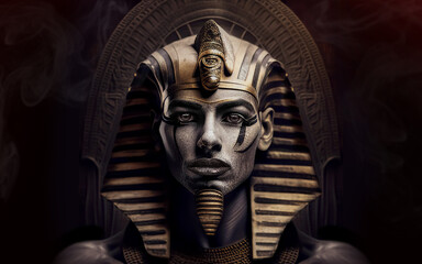 Illustration of face of young pharaoh in twilight. Generative AI - obrazy, fototapety, plakaty