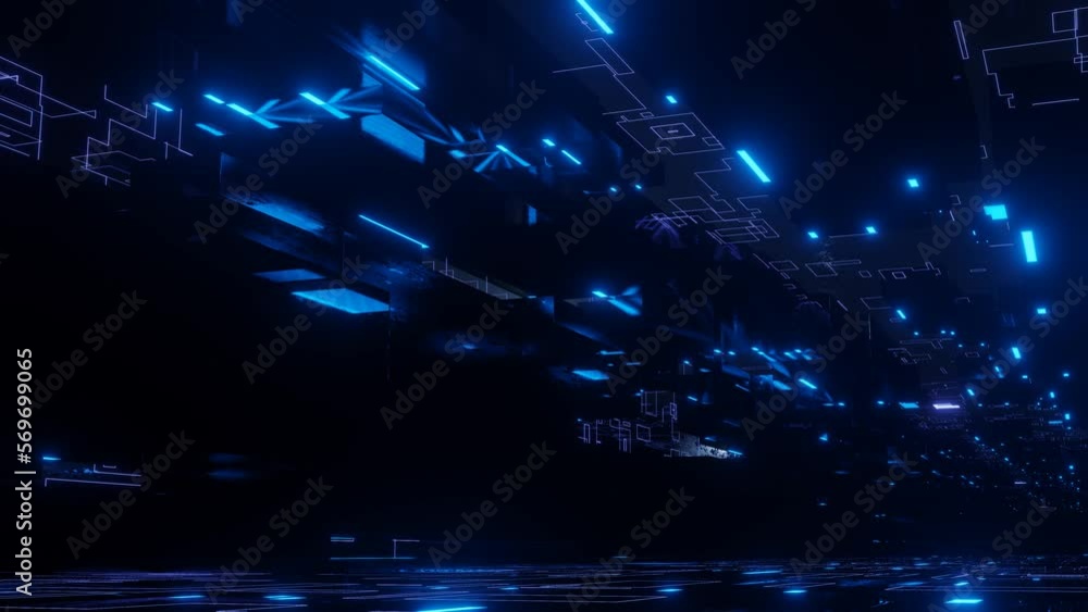 Aufkleber fly through technology cyberspace with neon glow. sci-fi flight through hi-tech technology tunnel. g