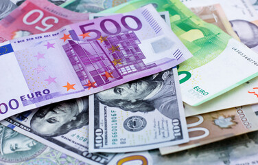 Obraz na płótnie Canvas Money: dollars, euros, Canadian dollars, zlotys, hryvnias