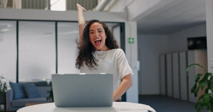 Business woman, laptop and success with paper throw for finance investment growth, stock market achievement or slow motion profit. Smile, happy and winner and air documents for financial celebration