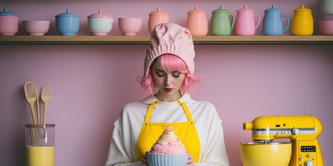 Portrait of a young beautiful woman with colorful hair in the kitchen baking a cake. Creative baking concept. Generative AI.