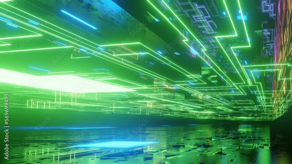 Poster fly through technology cyberspace with rainbow neon glow. sci-fi flight through hi-tech technology t