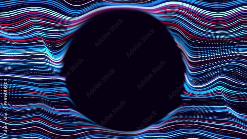 Aufkleber particles form lines, plane with waves. abstract waves run along flat surface. round copy space for 