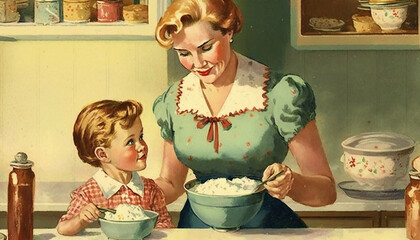 1950s kitchen scene. Happy mother and child cooking a meal. Vintage style illustration good for poster, wallpaper, promotion. Made with generative AI.