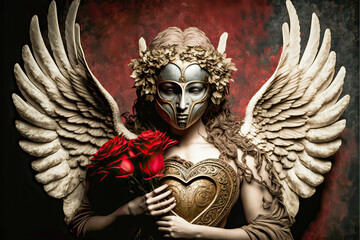 Obraz premium Golden masked Valentine love angel with red roses