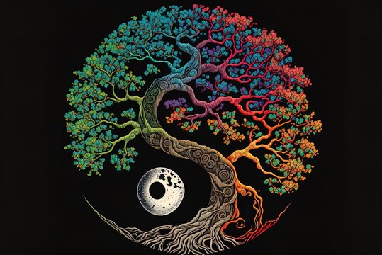Colorful yin yang tree with spiral decoration, illustrated Generative AI