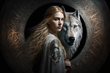 Viking Shield maiden with her spirit guide white wolf - Created with generative AI technology - obrazy, fototapety, plakaty