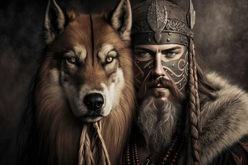 Viking norseman with his wolf spirit guide -  Created with generative AI technology - obrazy, fototapety, plakaty