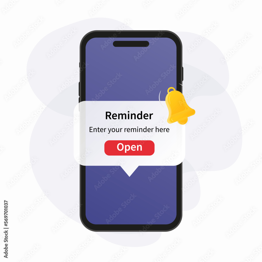 Poster smartphone with alarm clock reminder message on screen. new notice on the phone. alert notification 