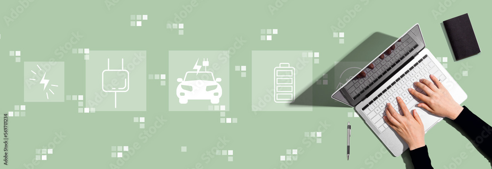 Poster ev concept with person using a laptop computer