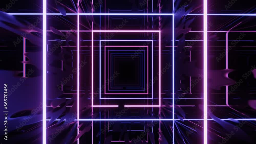 Poster 4k seamless looped animation. fly through mirror tunnel with neon pattern, glow lines form sci fi pa