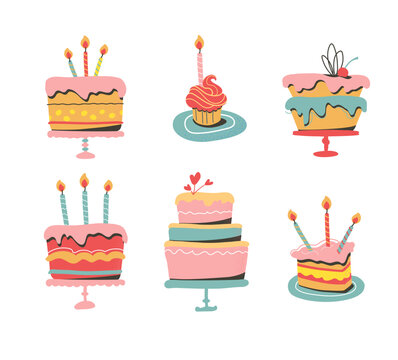 Vector illustration of colorful cakes, cupcakes for a party. Cakes and pies for birthday. Homemade delicacies, bakery products. Isolated on white background.