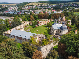 Fototapeta na wymiar Aerial vIew of castle of Berezhany by drone. Summer Ukraine Ternopil region, West Ukraine.