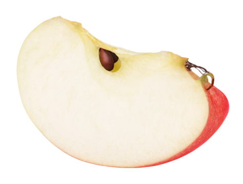 Slice of red apple fruit with seed isolated on transparent background