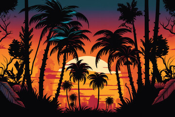 Fototapeta na wymiar palm palms against a stunning sunset's backdrop. Generative AI