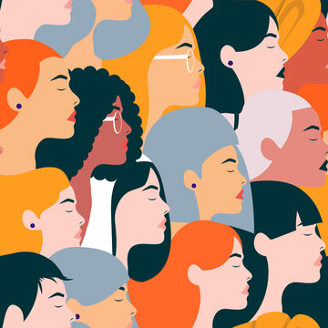 D&iacute;a internacional de la mujer. 8 de Marzo. Ilustraci&oacute;n minimalista de mujeres de diferentes etnias. Patr&oacute;n sin fisura, 300 dpi