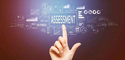 Assessment concept with hand pressing a button on a technology screen