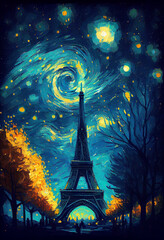 Eiffel Tower in Paris, van Gogh Style like starry night. generative ai