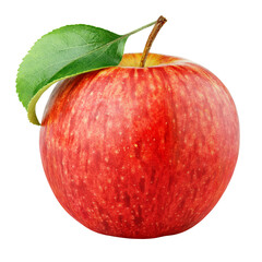 Single ripe red apple fruit with green leaf isolated on transparent background