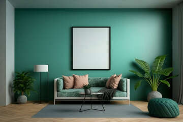 Contemporary home design with pastel green walls and large frame mockup. Trendy minimalist interior design with sofa and plant. Generative AI.