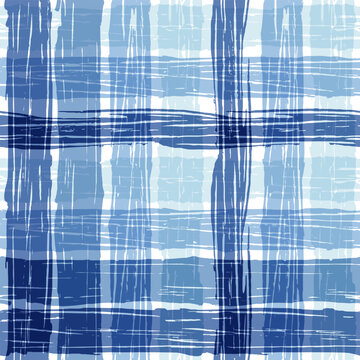 Gingham seamless pattern. blue watercolors checkered plaid, rustic tartan background, vector summer picnic textile, rustic farmhouse print