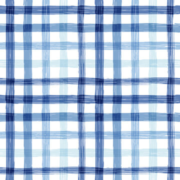 Gingham seamless pattern. blue watercolors checkered plaid, rustic tartan background, vector summer picnic textile, rustic farmhouse print