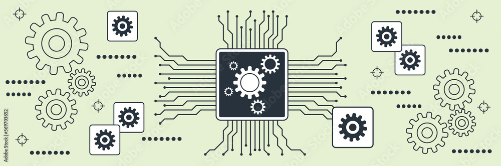 Poster data processing, information computing, cpu flat contour style vector concept illustration