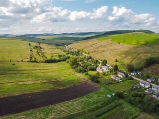 Aerial vIew of town next to Berezhany by drone. Summer Ukraine Ternopil region, West Ukraine.