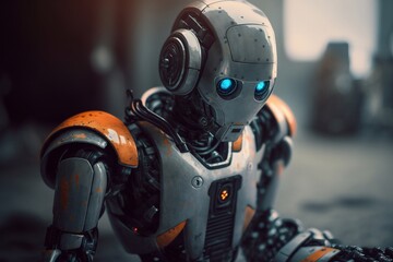 Robot in a city, fictional place, robot with artificial intelligence, strong and protective design,. Generative AI